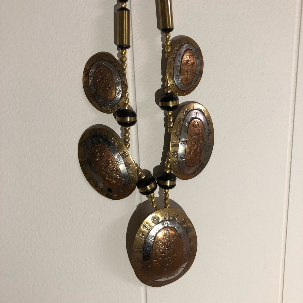 Artisan Boho Style Brass/Silver/Cooper Toned Disks w/ Black/Gold Beads Necklace